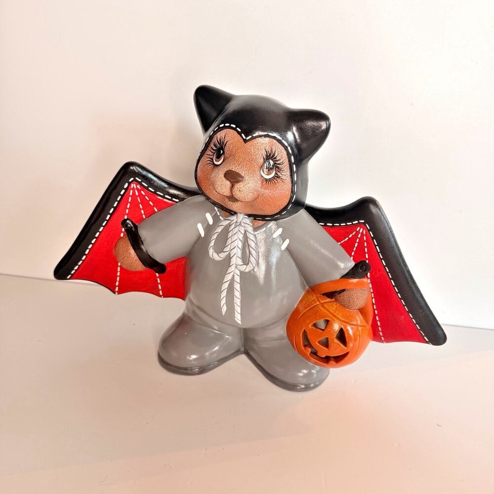 Vintage Halloween Ceramic Bear in Bat Costume Mold Figurine Statue 8" Kitschy - Picture 6 of 8